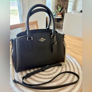 Coach Black Leather Mini Satchel with Gold Chain Accent